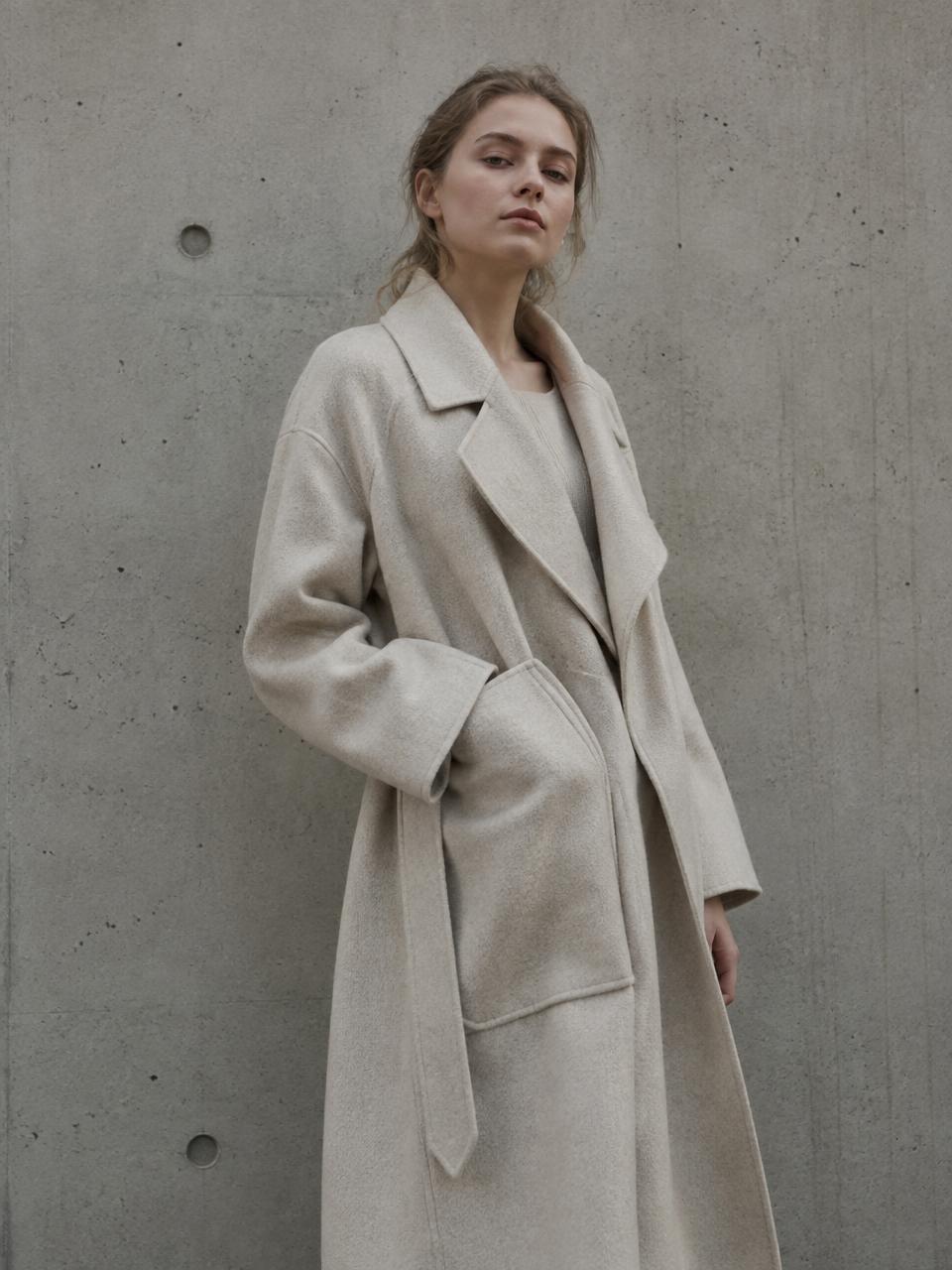 Model in undyed wool coat against concrete